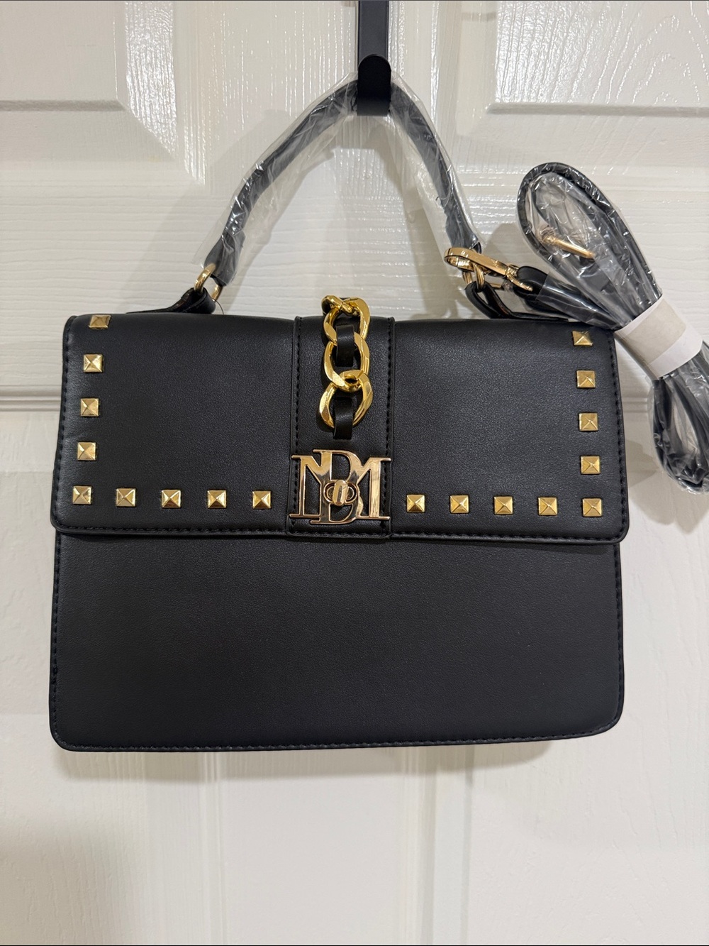 Badgley Mischka Black Satchel with Gold Chain and Studs crossbody